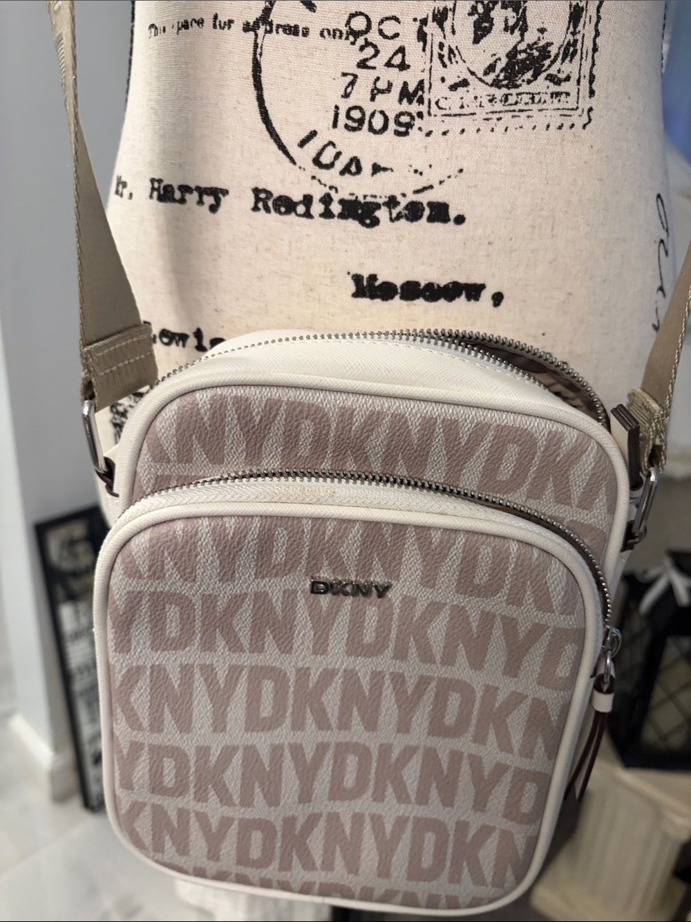 DKNY Silver and Cream Logo Crossbody Belt Bag